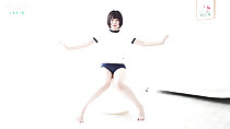 Balancing on ball in gym class uniform arms raised short hair