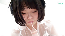 With her short hair thick saliva dribbling onto head of dildo