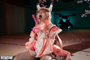 Misa on her knees licking and sucking dildo