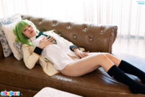 Mizuki lowers white panties and fingers her pussy on couch