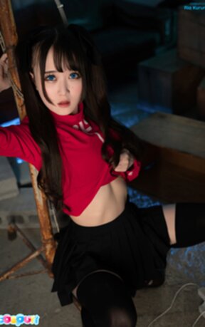 Ria Kurumi in red top and short black skirt exposing breasts and pussy