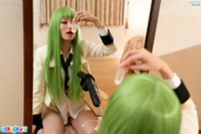 Mizuki on all fours in front of mirror sucking black dildo