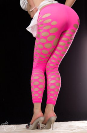 Shizuka Maeshiro in pink leggings and white stockings lowering panties