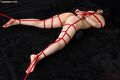 Lying on her front naked bound with rope bare feet