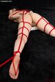 On her front tied up with shibari rope bare feet