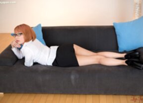 Office lady Kobayashi Chie lying on sofa raising short skirt